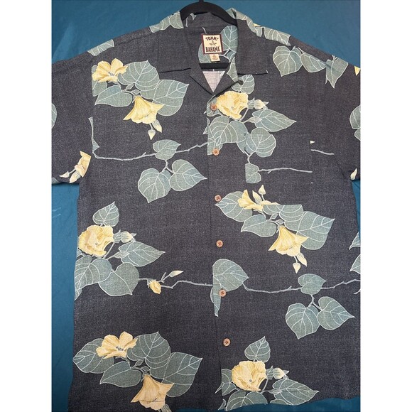 Charcoal Gray / Black TOMMY BAHAMA Silk Buttoned SS Shirt Green Yellow Floral M - Picture 2 of 11